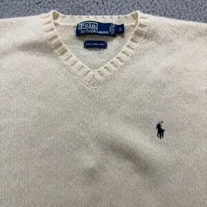 Polo Ralph Lauren Mens Cream 100% Lambswool V-Neck Pony Logo Sweater Large‎